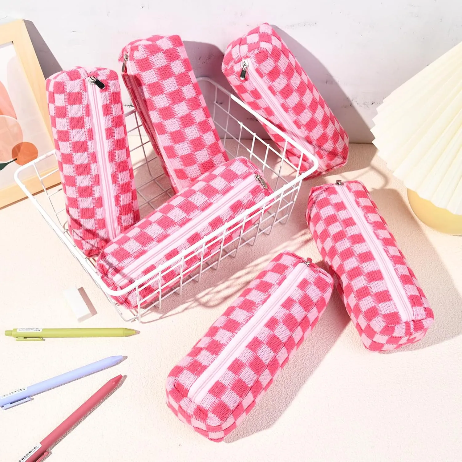 6 Pcs Checkered Makeup Bag Preppy Cosmetic Bag Bulk Makeup Pouch Personalize Travel Toiletry Bag Organizer Cute DIY Makeup Brushes Storage Bag for Women Rose red