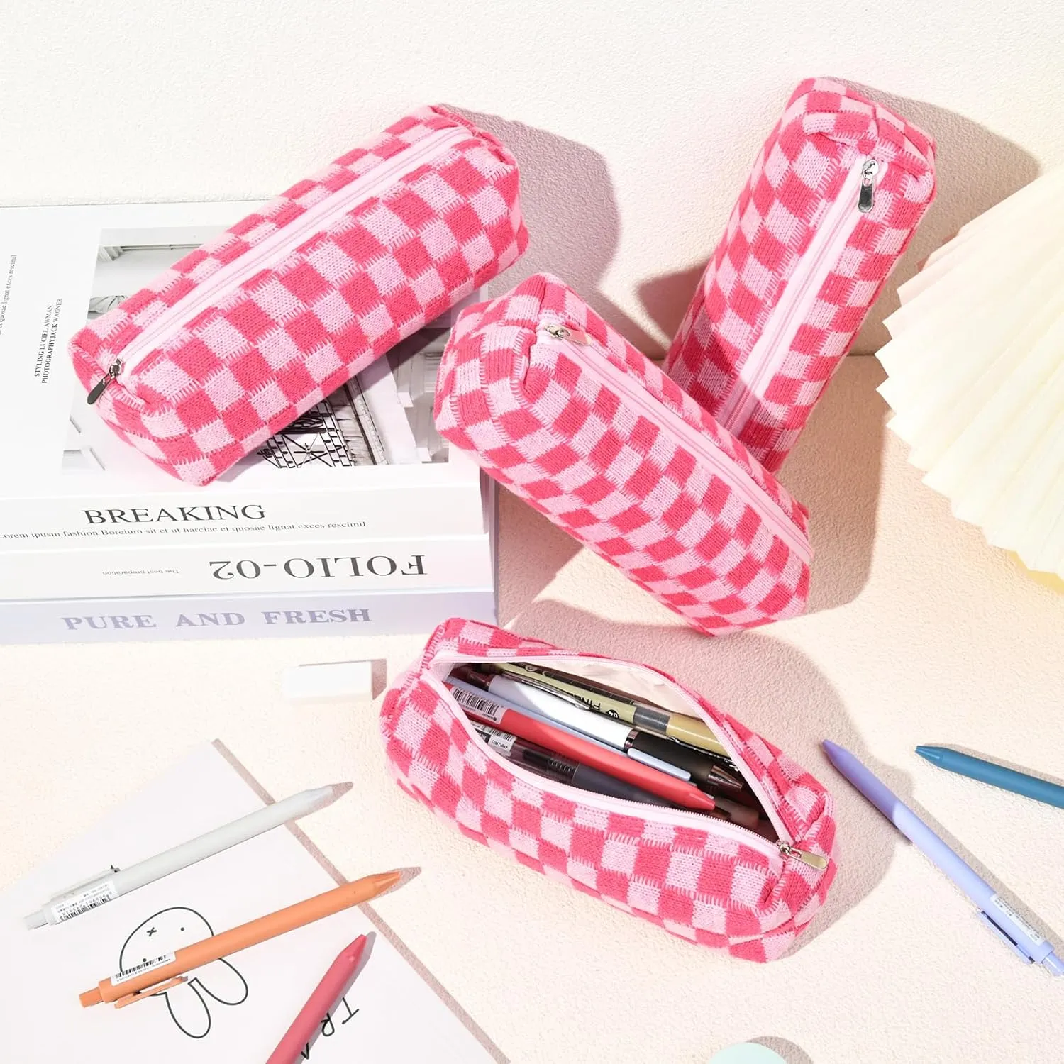 6 Pcs Checkered Makeup Bag Preppy Cosmetic Bag Bulk Makeup Pouch Personalize Travel Toiletry Bag Organizer Cute DIY Makeup Brushes Storage Bag for Women Rose red