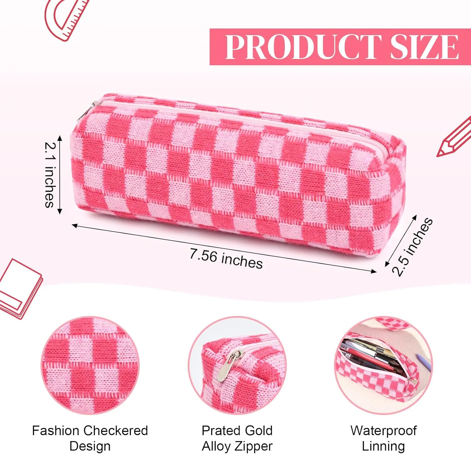 6 Pcs Checkered Makeup Bag Preppy Cosmetic Bag Bulk Makeup Pouch Personalize Travel Toiletry Bag Organizer Cute DIY Makeup Brushes Storage Bag for Women Rose red