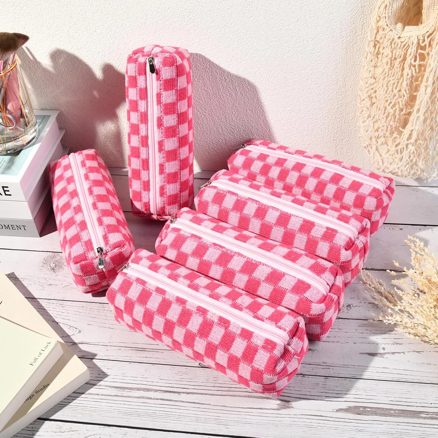 6 Pcs Checkered Makeup Bag Preppy Cosmetic Bag Bulk Makeup Pouch Personalize Travel Toiletry Bag Organizer Cute DIY Makeup Brushes Storage Bag for Women Rose red