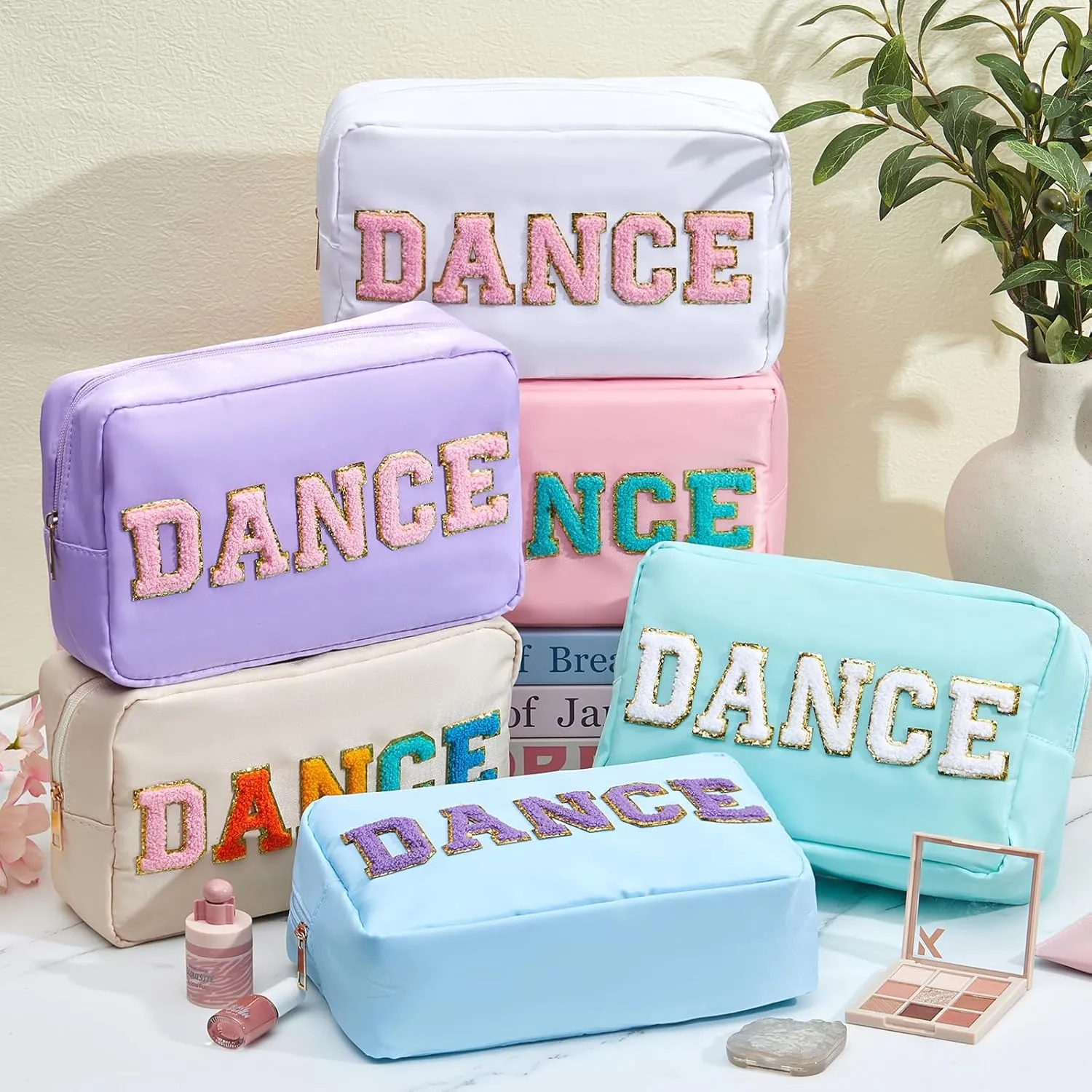 6 Pcs Cosmetic Cheer Bag with Chenille Letter Patches Nylon Makeup Gift Dance Cheerleader Bag Toiletry Zipper Pouch for Travel Women Girl Storage(Pastel Colors,Dance)
