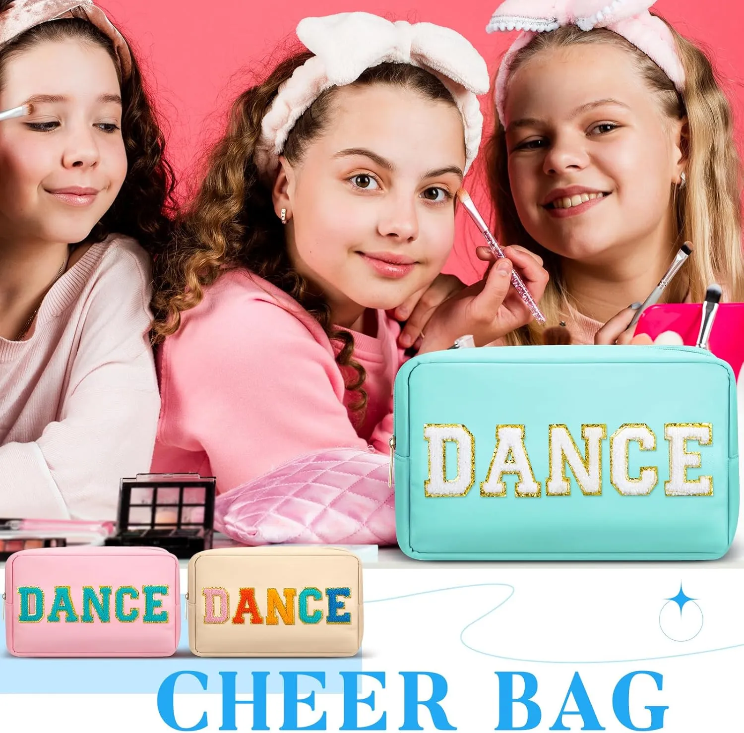 6 Pcs Cosmetic Cheer Bag with Chenille Letter Patches Nylon Makeup Gift Dance Cheerleader Bag Toiletry Zipper Pouch for Travel Women Girl Storage(Pastel Colors,Dance)