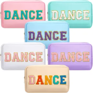 6 Pcs Cosmetic Cheer Bag with Chenille Letter Patches Nylon Makeup Gift Dance Cheerleader Bag Toiletry Zipper Pouch for Travel Women Girl Storage(Pastel Colors,Dance)