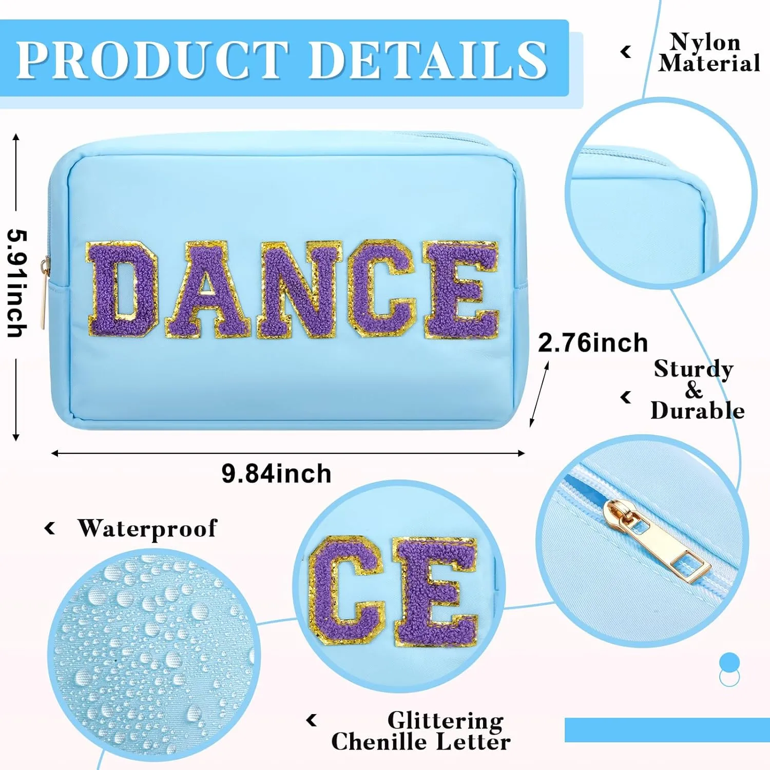 6 Pcs Cosmetic Cheer Bag with Chenille Letter Patches Nylon Makeup Gift Dance Cheerleader Bag Toiletry Zipper Pouch for Travel Women Girl Storage(Pastel Colors,Dance)