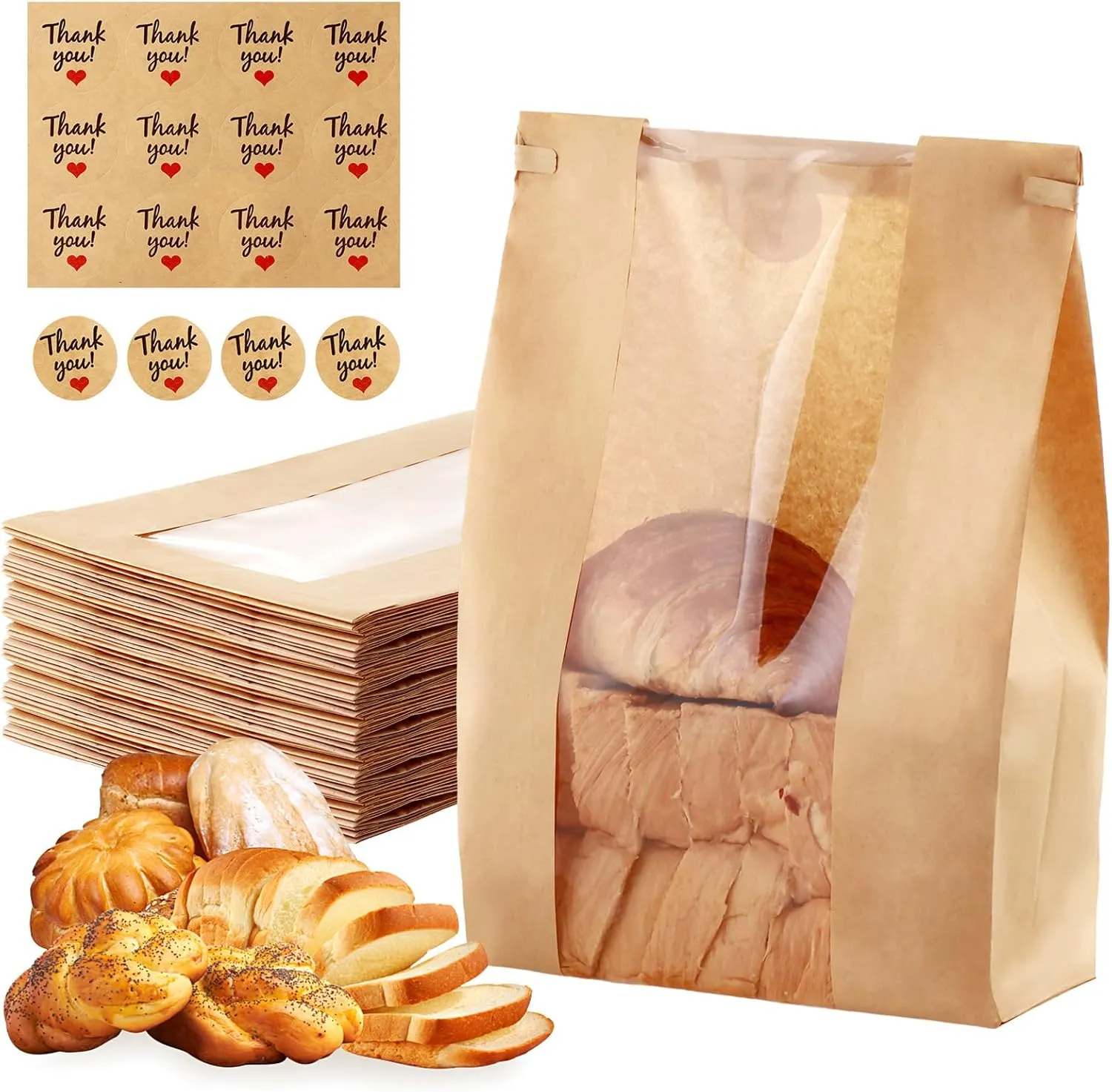60 Pcs Bread Bags for Homemade Bread with Window 14" x 8.3" x 3.5", Snack Storage, gifting, with Label Sealing Sticker with Tin Tie Tab Lock