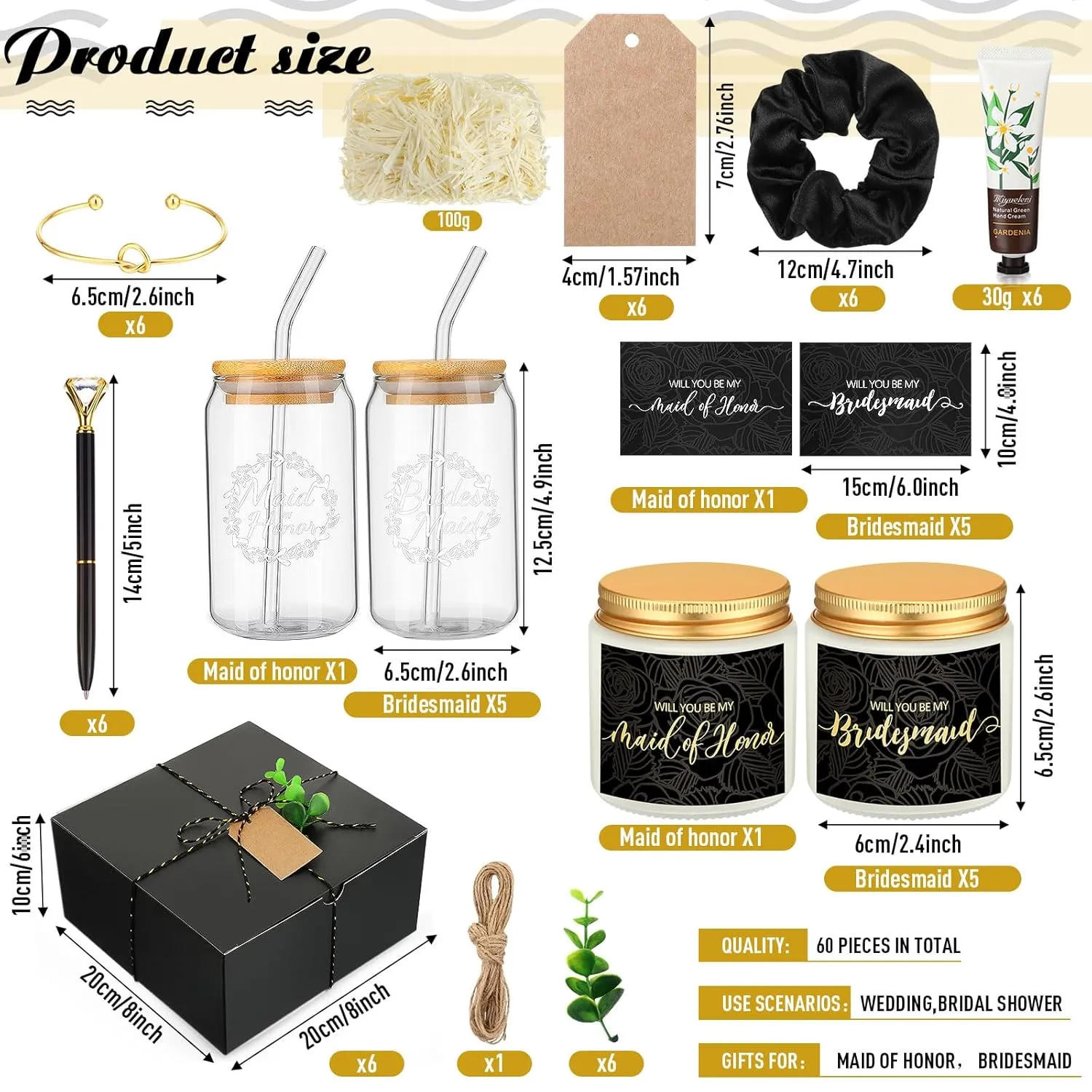 60 Pcs Bridesmaid Proposal Gifts Bridesmaid Box Set, Maid of Honor Gifts Include Box Glass Cup Candle Cards Scrunchies Hair Knotted Bracelets Hand Cream Diamond Pens(Black)