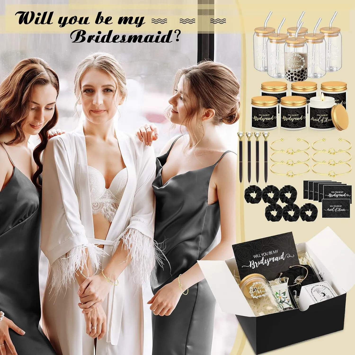 60 Pcs Bridesmaid Proposal Gifts Bridesmaid Box Set, Maid of Honor Gifts Include Box Glass Cup Candle Cards Scrunchies Hair Knotted Bracelets Hand Cream Diamond Pens(Black)