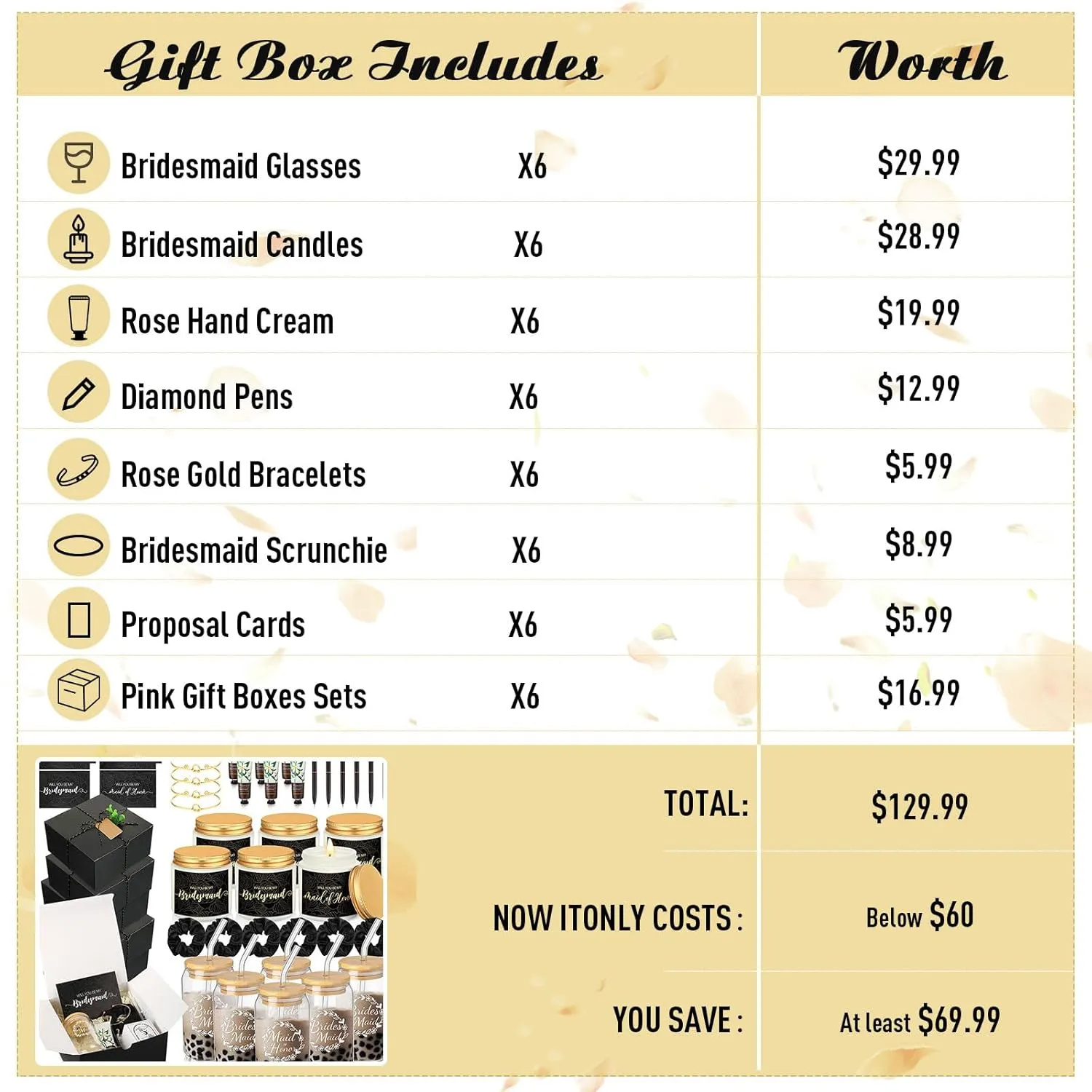 60 Pcs Bridesmaid Proposal Gifts Bridesmaid Box Set, Maid of Honor Gifts Include Box Glass Cup Candle Cards Scrunchies Hair Knotted Bracelets Hand Cream Diamond Pens(Black)