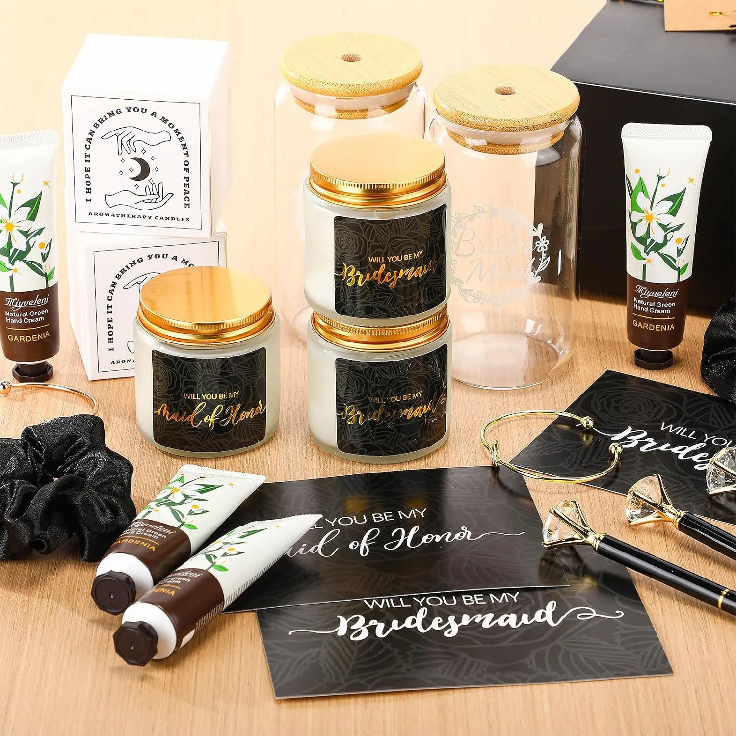 60 Pcs Bridesmaid Proposal Gifts Bridesmaid Box Set, Maid of Honor Gifts Include Box Glass Cup Candle Cards Scrunchies Hair Knotted Bracelets Hand Cream Diamond Pens(Black)