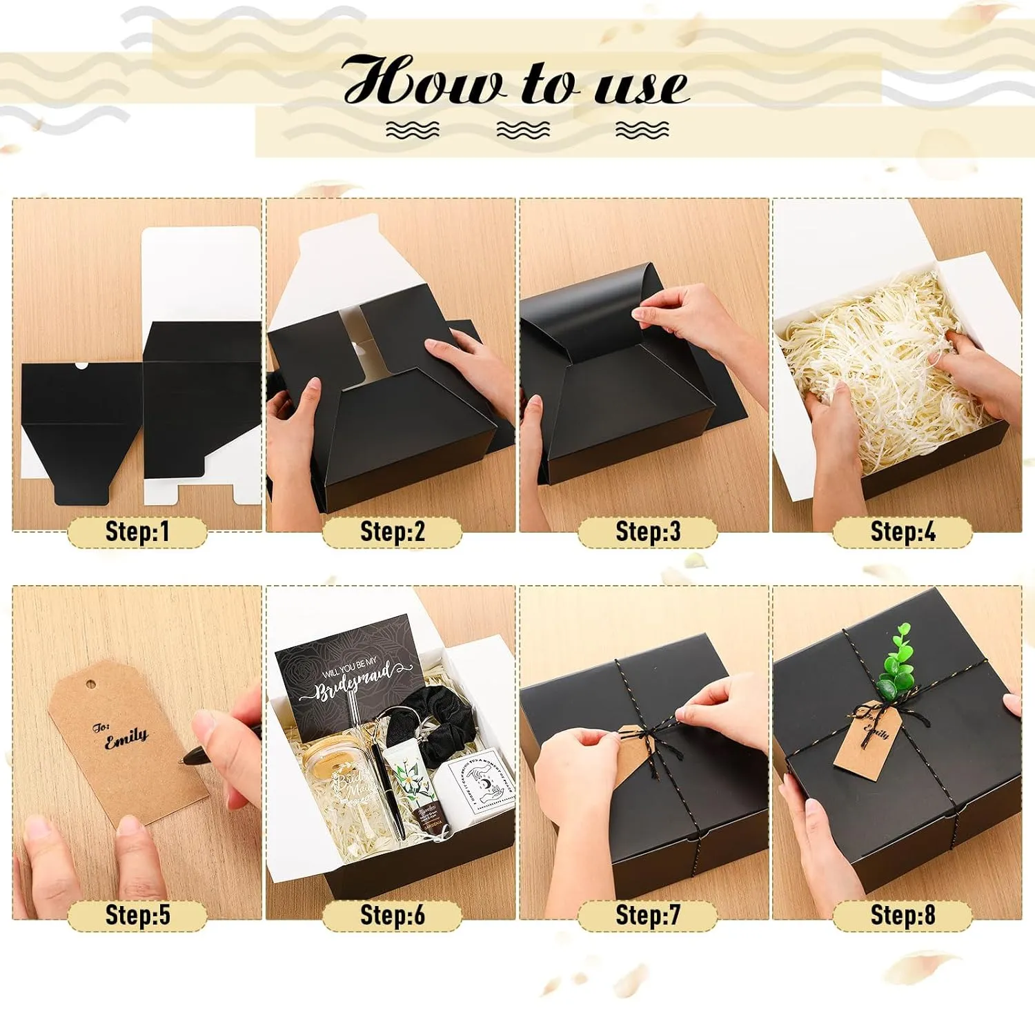 60 Pcs Bridesmaid Proposal Gifts Bridesmaid Box Set, Maid of Honor Gifts Include Box Glass Cup Candle Cards Scrunchies Hair Knotted Bracelets Hand Cream Diamond Pens(Black)