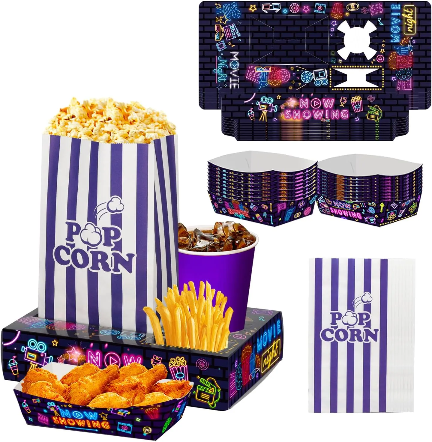 60Pcs Movie Night Supplies 30Pcs Neon Movie Night Snack Trays with 15Pcs Popcorn Bags and 15Pcs Paper Food Trays, Outdoor Theater Snack Boxes for Birthday Party Decorations Neon Glow Party