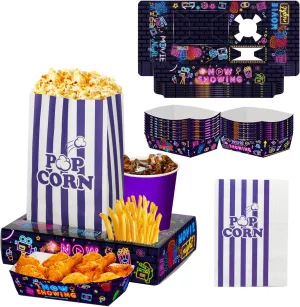 60Pcs Movie Night Supplies 30Pcs Neon Movie Night Snack Trays with 15Pcs Popcorn Bags and 15Pcs Paper Food Trays, Outdoor Theater Snack Boxes for Birthday Party Decorations Neon Glow Party