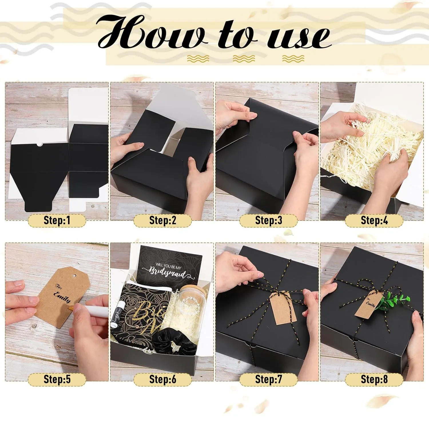 72 Pcs Bridesmaid Proposal Gifts Bridesmaid Box Set Include Bridal Shower Gift Box Makeup Bag Invited Card Glass Cup Lip Balm Scrunchie Hair Knotted Bracelet for Maid of Honor(Black)
