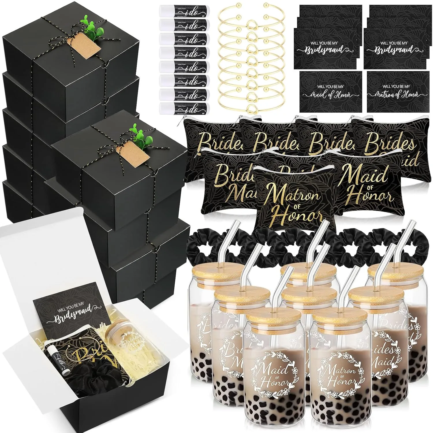72 Pcs Bridesmaid Proposal Gifts Bridesmaid Box Set Include Bridal Shower Gift Box Makeup Bag Invited Card Glass Cup Lip Balm Scrunchie Hair Knotted Bracelet for Maid of Honor(Black)