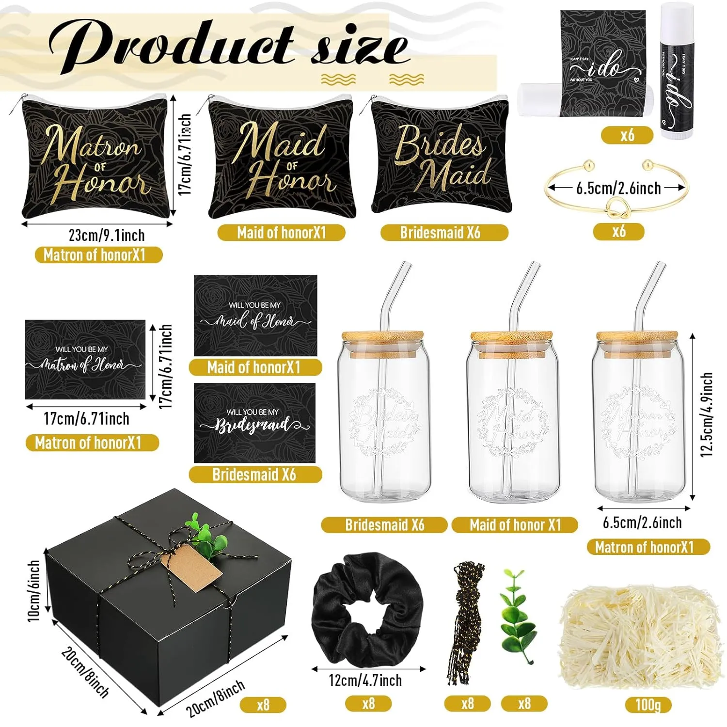 72 Pcs Bridesmaid Proposal Gifts Bridesmaid Box Set Include Bridal Shower Gift Box Makeup Bag Invited Card Glass Cup Lip Balm Scrunchie Hair Knotted Bracelet for Maid of Honor(Black)
