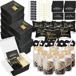 72 Pcs Bridesmaid Proposal Gifts Bridesmaid Box Set Include Bridal Shower Gift Box Makeup Bag Invited Card Glass Cup Lip Balm Scrunchie Hair Knotted Bracelet for Maid of Honor(Black)