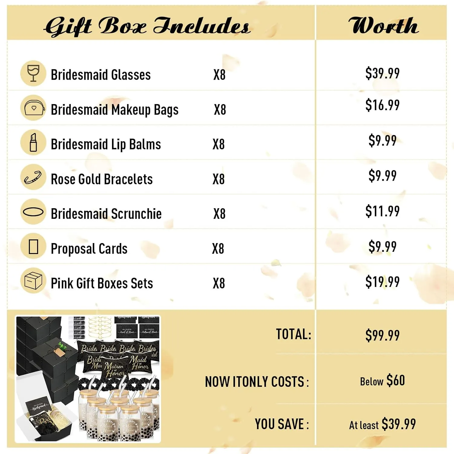 72 Pcs Bridesmaid Proposal Gifts Bridesmaid Box Set Include Bridal Shower Gift Box Makeup Bag Invited Card Glass Cup Lip Balm Scrunchie Hair Knotted Bracelet for Maid of Honor(Black)