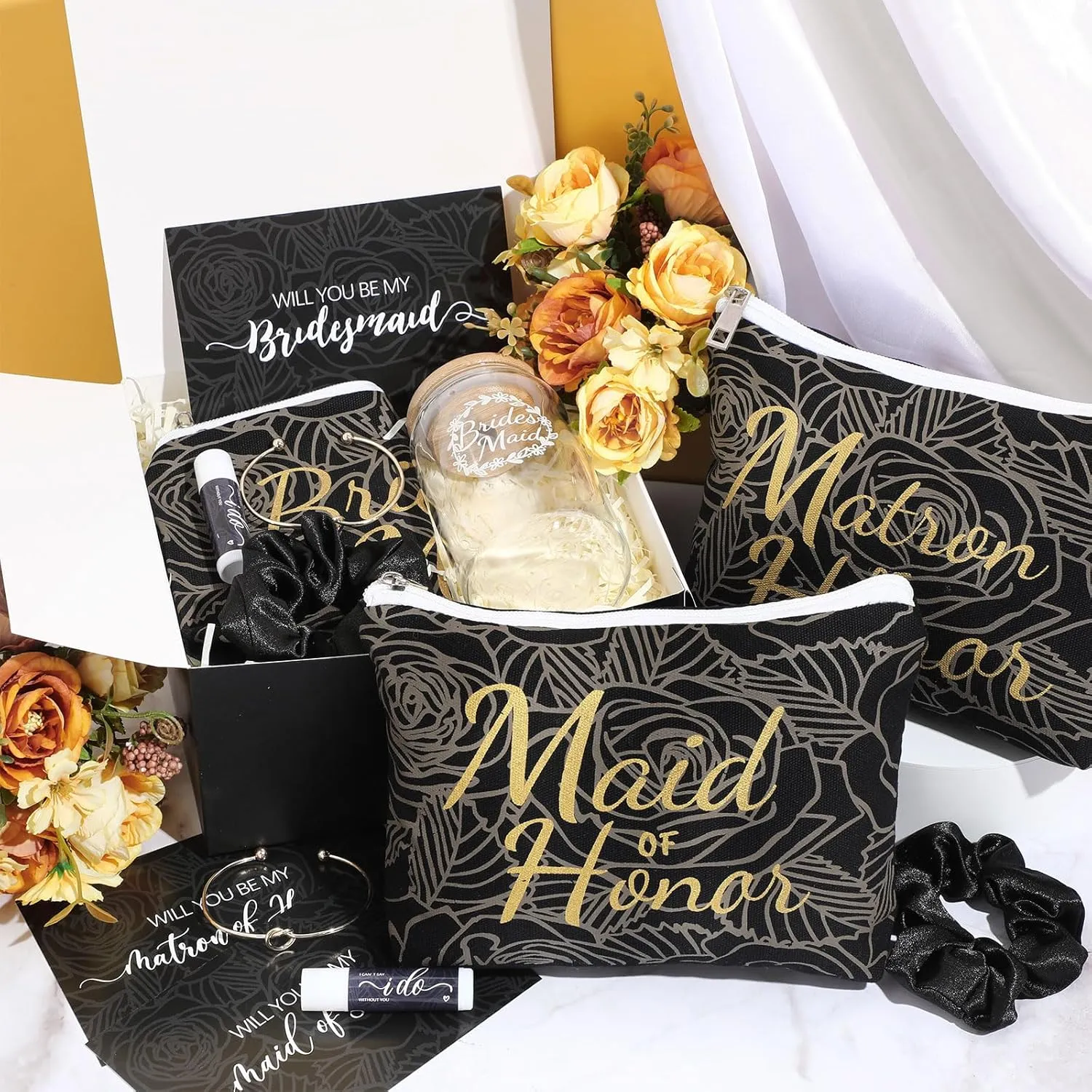 72 Pcs Bridesmaid Proposal Gifts Bridesmaid Box Set Include Bridal Shower Gift Box Makeup Bag Invited Card Glass Cup Lip Balm Scrunchie Hair Knotted Bracelet for Maid of Honor(Black)