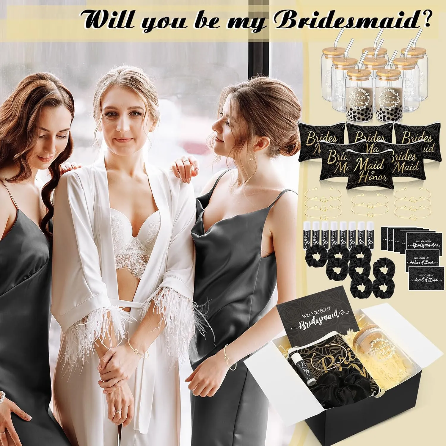 72 Pcs Bridesmaid Proposal Gifts Bridesmaid Box Set Include Bridal Shower Gift Box Makeup Bag Invited Card Glass Cup Lip Balm Scrunchie Hair Knotted Bracelet for Maid of Honor(Black)