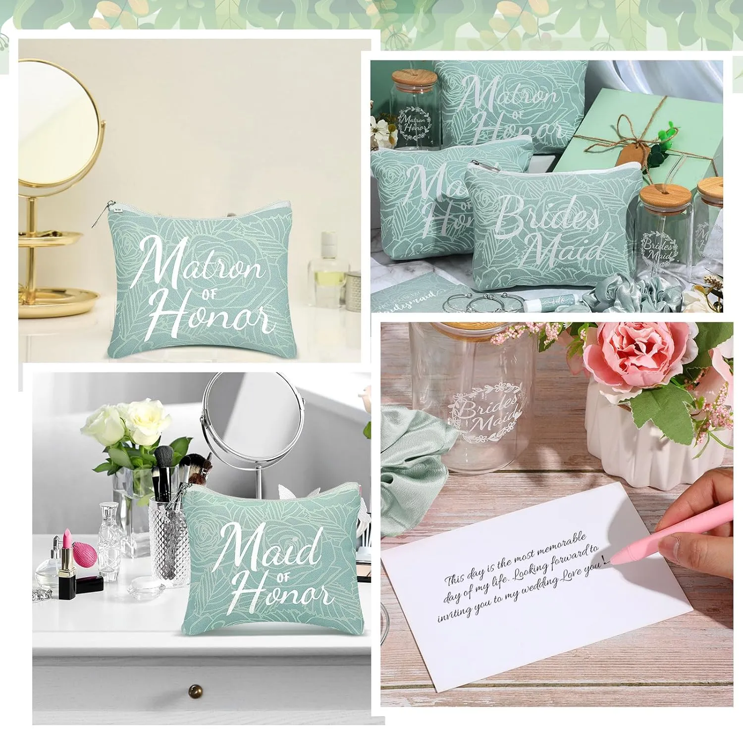 72 Pcs Bridesmaid Proposal Gifts Bridesmaid Box Set Include Bridal Shower Gift Box Makeup Bag Invited Card Glass Cup Lip Balm Scrunchie Hair Knotted Bracelet for Maid of Honor(Green)
