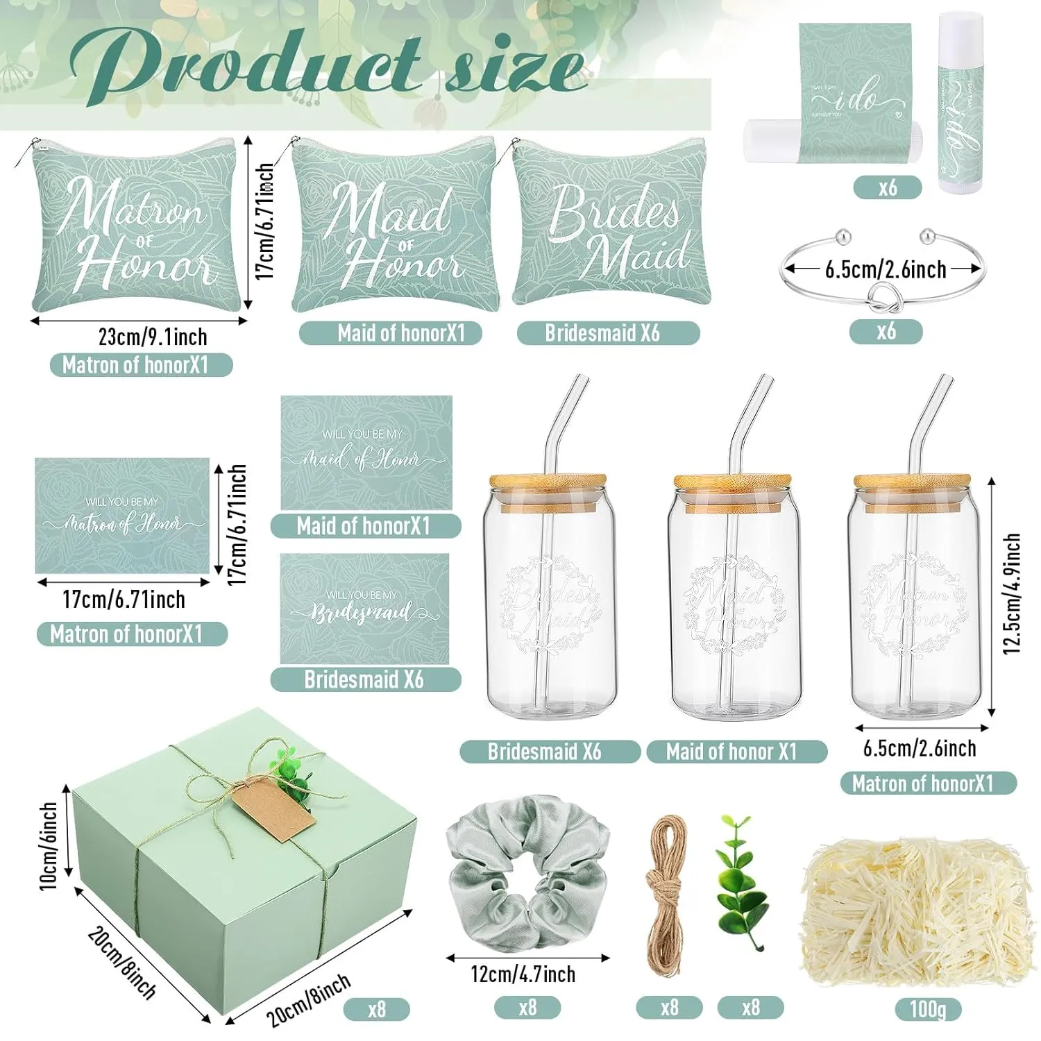 72 Pcs Bridesmaid Proposal Gifts Bridesmaid Box Set Include Bridal Shower Gift Box Makeup Bag Invited Card Glass Cup Lip Balm Scrunchie Hair Knotted Bracelet for Maid of Honor(Green)