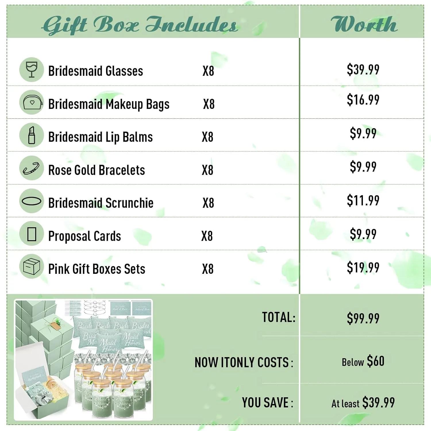 72 Pcs Bridesmaid Proposal Gifts Bridesmaid Box Set Include Bridal Shower Gift Box Makeup Bag Invited Card Glass Cup Lip Balm Scrunchie Hair Knotted Bracelet for Maid of Honor(Green)