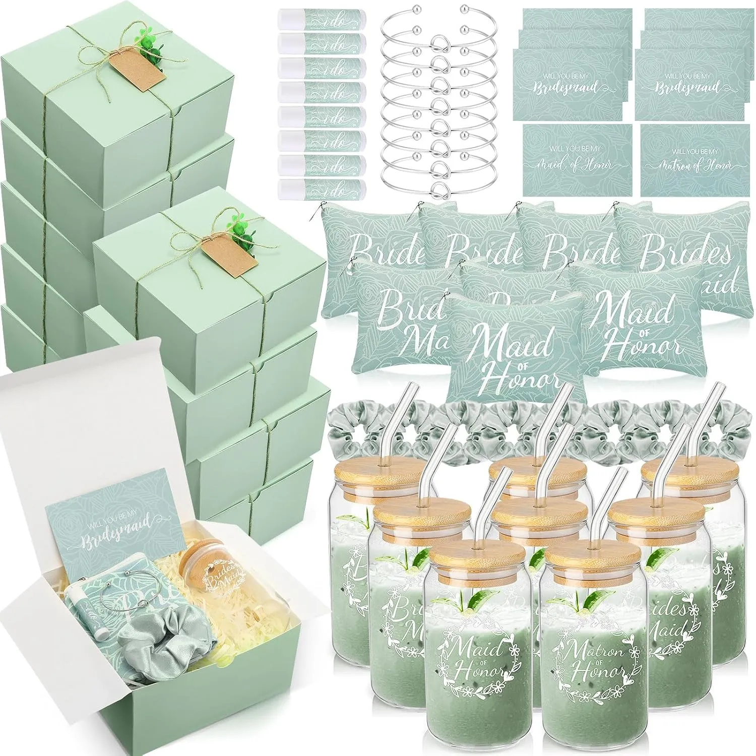 72 Pcs Bridesmaid Proposal Gifts Bridesmaid Box Set Include Bridal Shower Gift Box Makeup Bag Invited Card Glass Cup Lip Balm Scrunchie Hair Knotted Bracelet for Maid of Honor(Green)