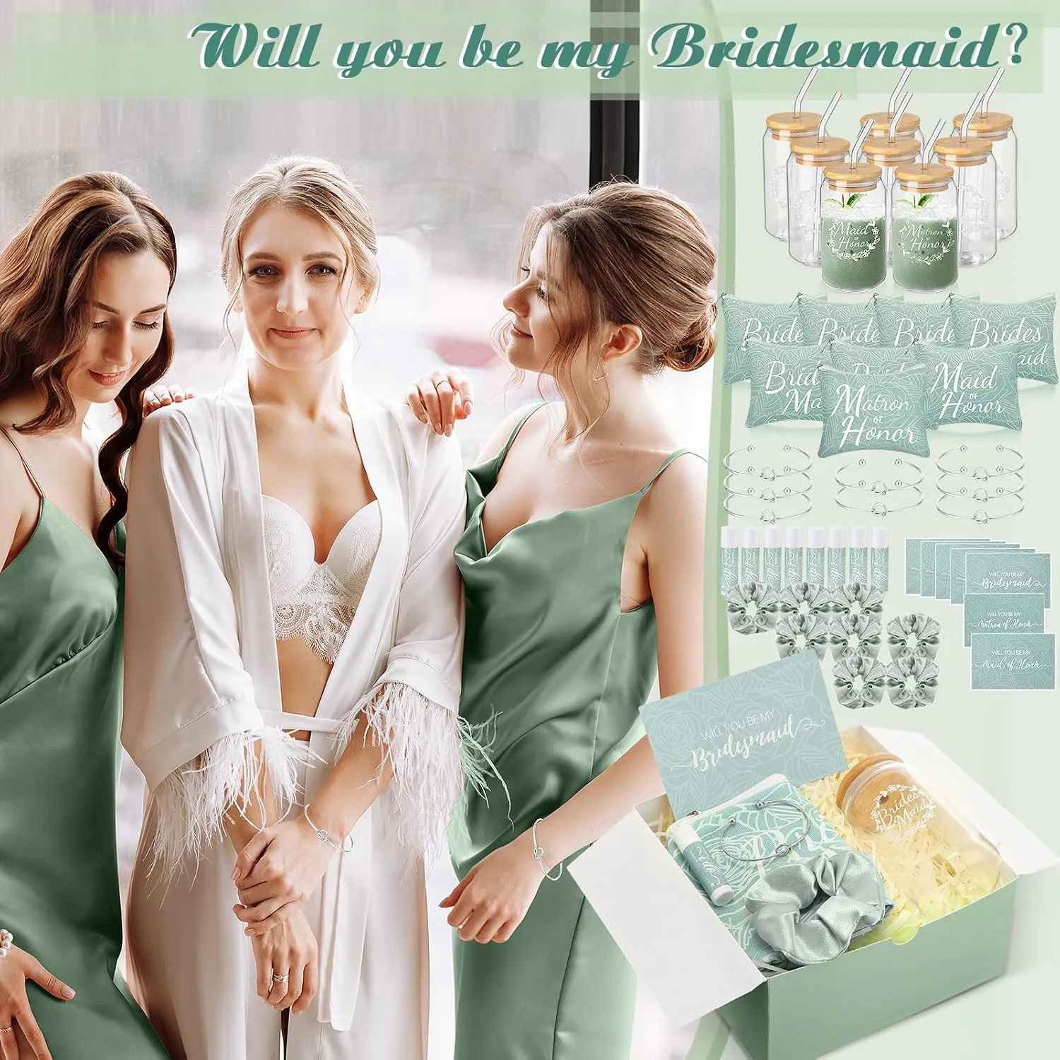 72 Pcs Bridesmaid Proposal Gifts Bridesmaid Box Set Include Bridal Shower Gift Box Makeup Bag Invited Card Glass Cup Lip Balm Scrunchie Hair Knotted Bracelet for Maid of Honor(Green)
