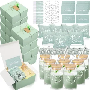 72 Pcs Bridesmaid Proposal Gifts Bridesmaid Box Set Include Bridal Shower Gift Box Makeup Bag Invited Card Glass Cup Lip Balm Scrunchie Hair Knotted Bracelet for Maid of Honor(Green)