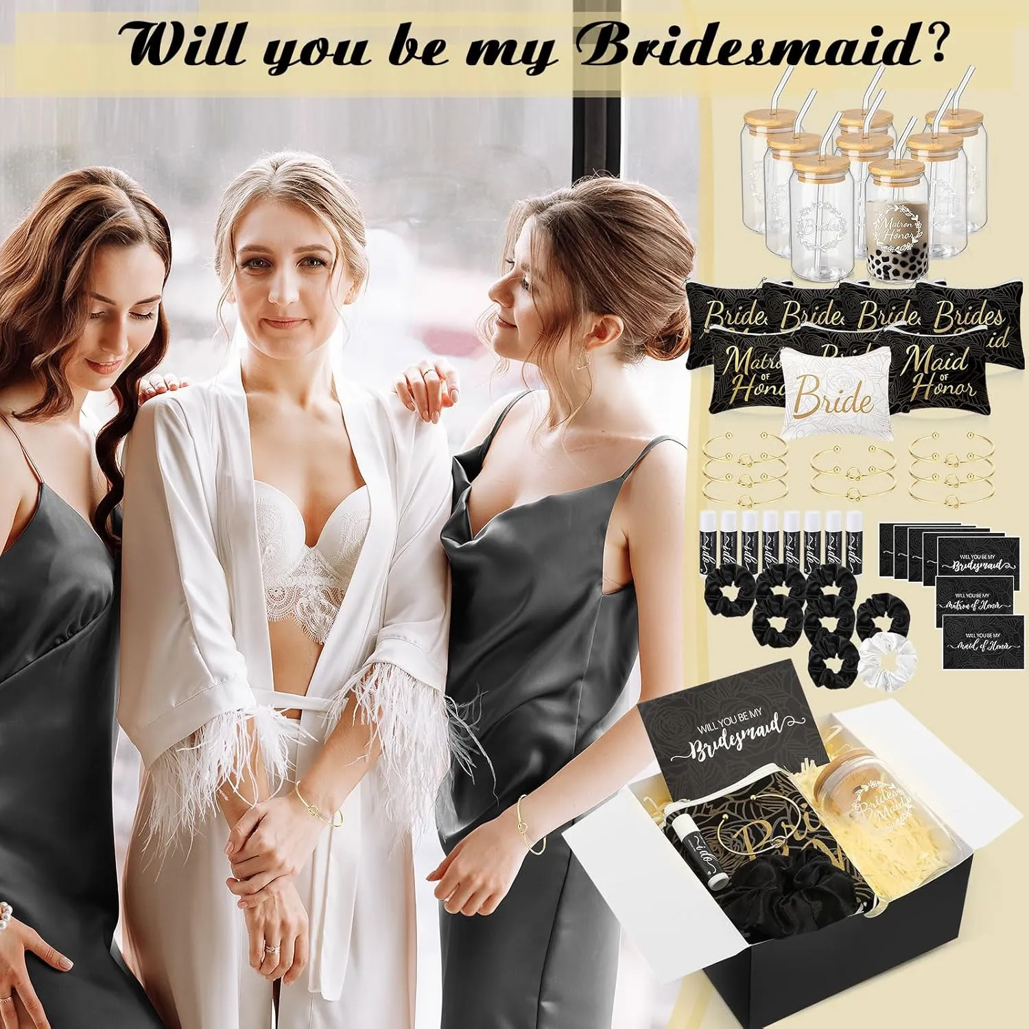 72 Pcs Bridesmaid Proposal Gifts Maid of Honor Gifts, Bridesmaid Gift Box Sets Include Decorative Box Glass Cup Makeup Bag Invited Card Lip Balm Hair Scrunchie Knotted Bracelet(Black, White)