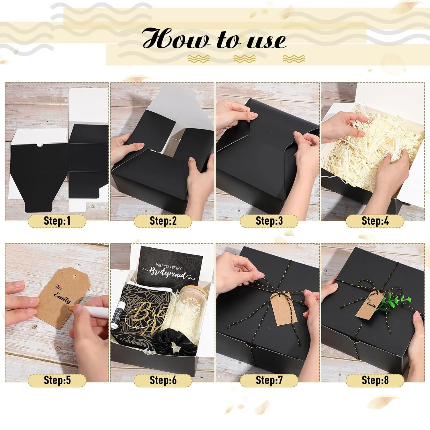 72 Pcs Bridesmaid Proposal Gifts Maid of Honor Gifts, Bridesmaid Gift Box Sets Include Decorative Box Glass Cup Makeup Bag Invited Card Lip Balm Hair Scrunchie Knotted Bracelet(Black, White)