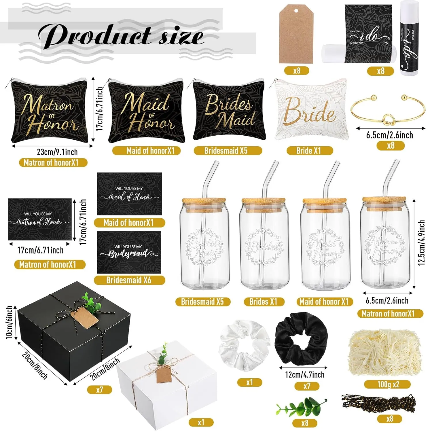 72 Pcs Bridesmaid Proposal Gifts Maid of Honor Gifts, Bridesmaid Gift Box Sets Include Decorative Box Glass Cup Makeup Bag Invited Card Lip Balm Hair Scrunchie Knotted Bracelet(Black, White)