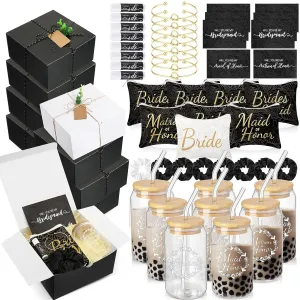 72 Pcs Bridesmaid Proposal Gifts Maid of Honor Gifts, Bridesmaid Gift Box Sets Include Decorative Box Glass Cup Makeup Bag Invited Card Lip Balm Hair Scrunchie Knotted Bracelet(Black, White)