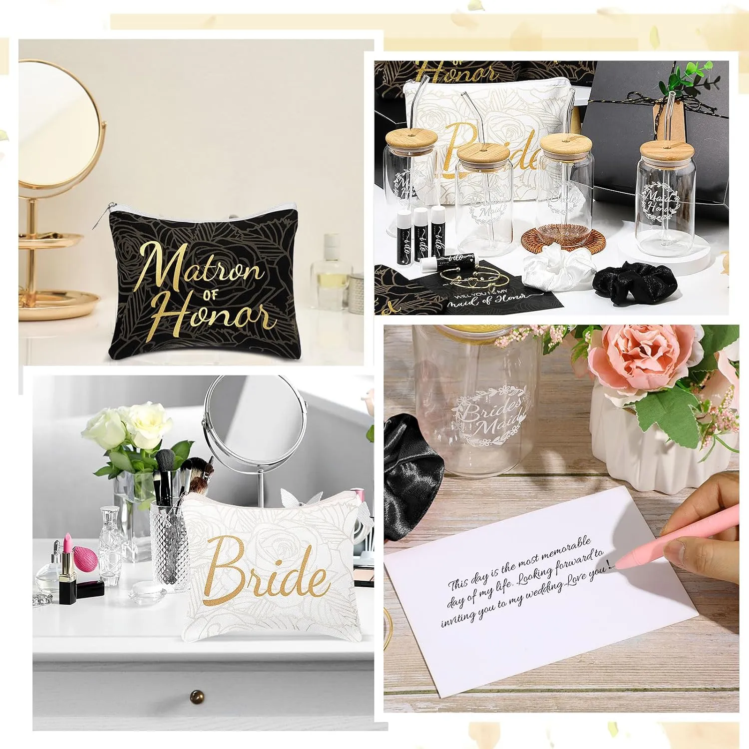72 Pcs Bridesmaid Proposal Gifts Maid of Honor Gifts, Bridesmaid Gift Box Sets Include Decorative Box Glass Cup Makeup Bag Invited Card Lip Balm Hair Scrunchie Knotted Bracelet(Black, White)