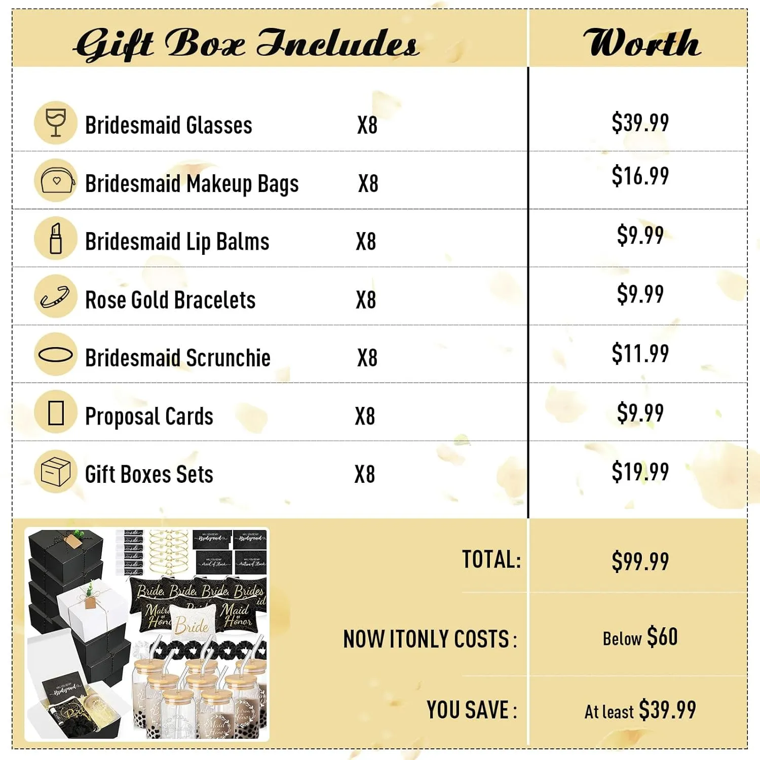 72 Pcs Bridesmaid Proposal Gifts Maid of Honor Gifts, Bridesmaid Gift Box Sets Include Decorative Box Glass Cup Makeup Bag Invited Card Lip Balm Hair Scrunchie Knotted Bracelet(Black, White)