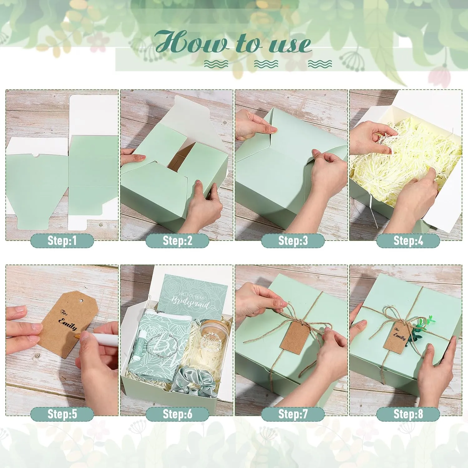 72 Pcs Bridesmaid Proposal Gifts Maid of Honor Gifts, Bridesmaid Gift Box Sets Include Decorative Box Glass Cup Makeup Bag Invited Card Lip Balm Hair Scrunchie Knotted Bracelet(Green, White)