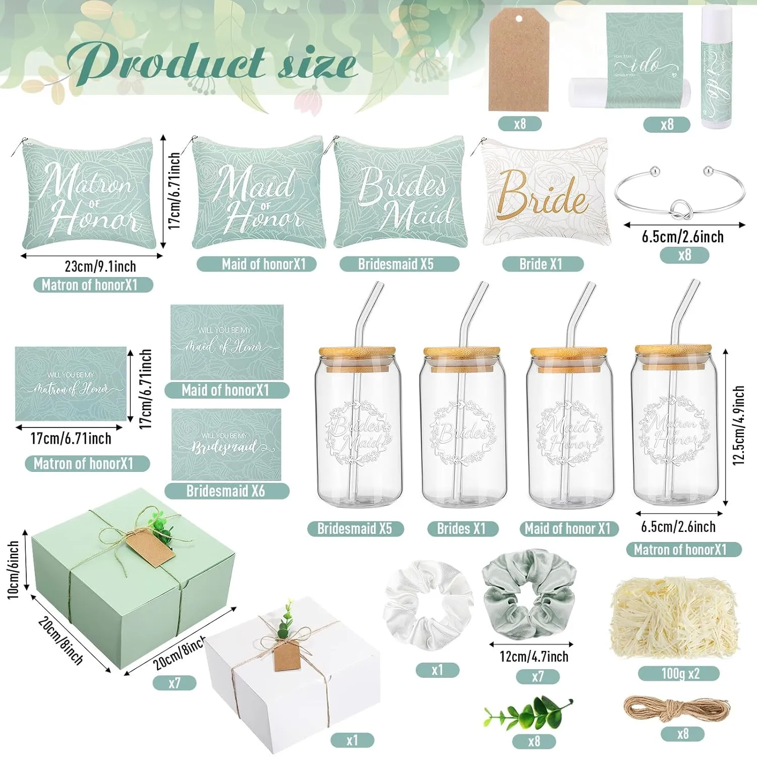 72 Pcs Bridesmaid Proposal Gifts Maid of Honor Gifts, Bridesmaid Gift Box Sets Include Decorative Box Glass Cup Makeup Bag Invited Card Lip Balm Hair Scrunchie Knotted Bracelet(Green, White)