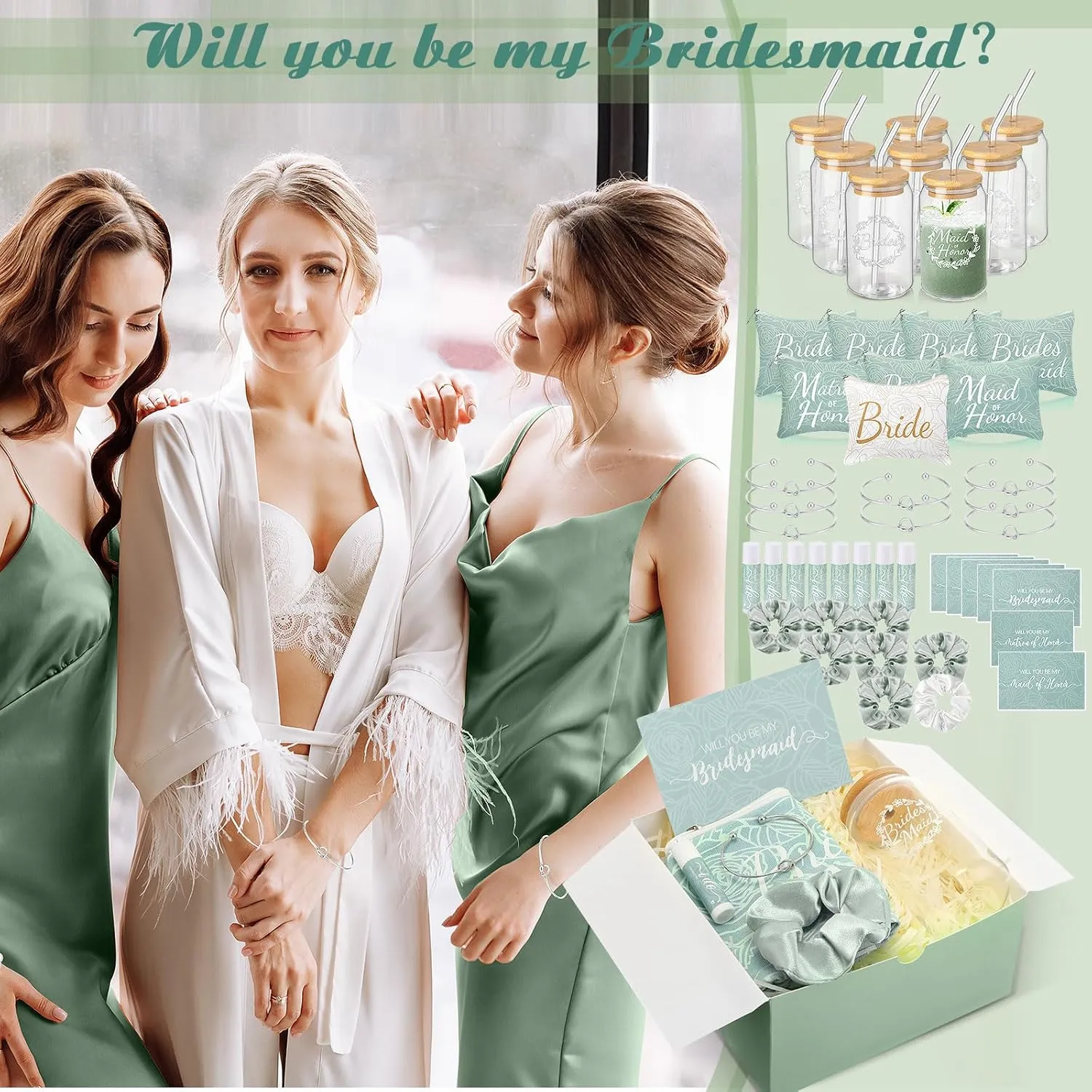 72 Pcs Bridesmaid Proposal Gifts Maid of Honor Gifts, Bridesmaid Gift Box Sets Include Decorative Box Glass Cup Makeup Bag Invited Card Lip Balm Hair Scrunchie Knotted Bracelet(Green, White)