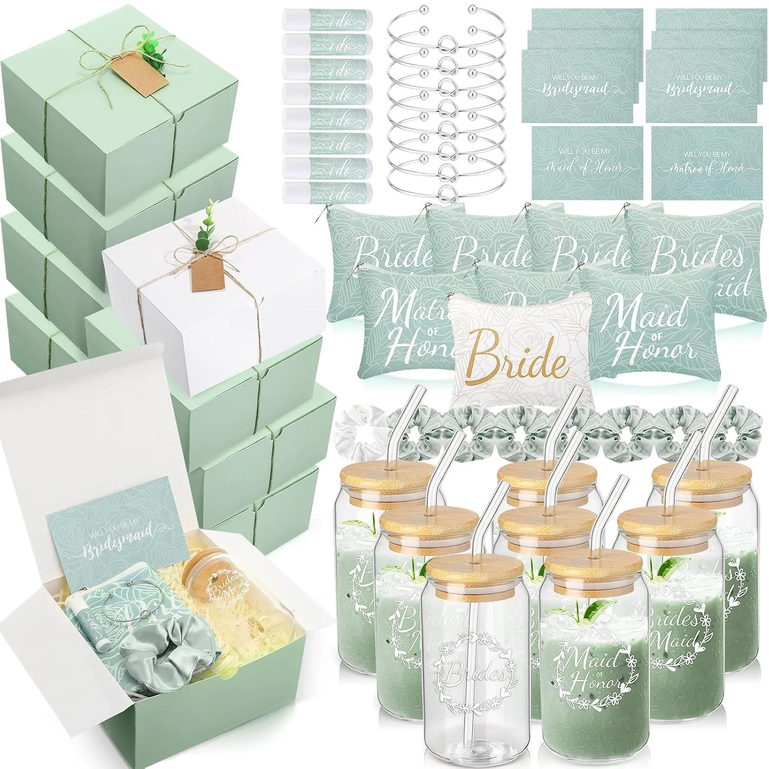 72 Pcs Bridesmaid Proposal Gifts Maid of Honor Gifts, Bridesmaid Gift Box Sets Include Decorative Box Glass Cup Makeup Bag Invited Card Lip Balm Hair Scrunchie Knotted Bracelet(Green, White)