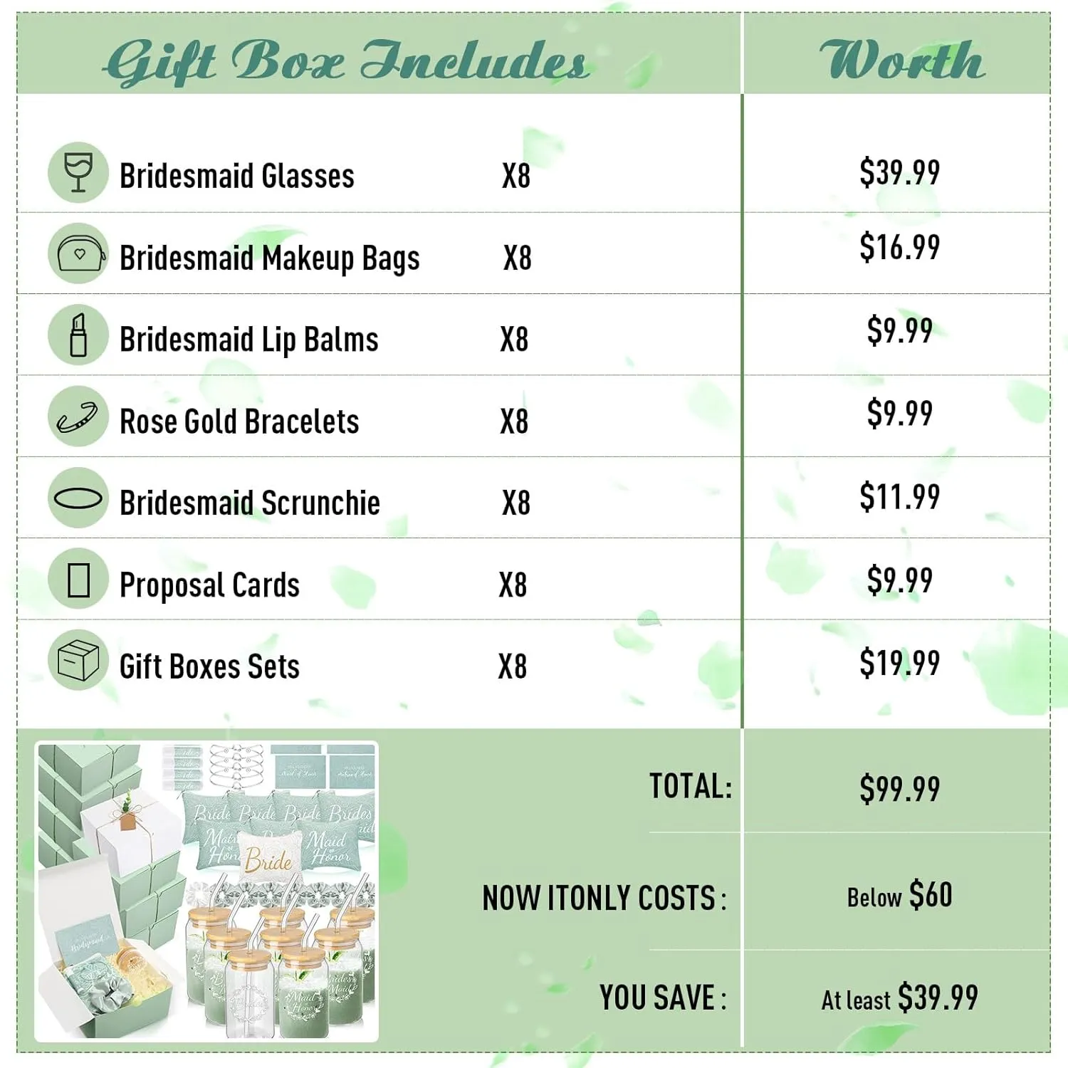 72 Pcs Bridesmaid Proposal Gifts Maid of Honor Gifts, Bridesmaid Gift Box Sets Include Decorative Box Glass Cup Makeup Bag Invited Card Lip Balm Hair Scrunchie Knotted Bracelet(Green, White)