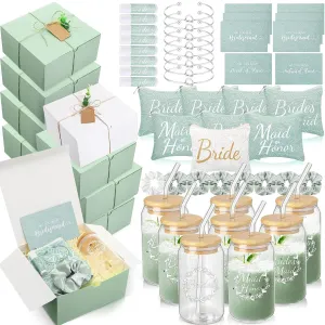 72 Pcs Bridesmaid Proposal Gifts Maid of Honor Gifts, Bridesmaid Gift Box Sets Include Decorative Box Glass Cup Makeup Bag Invited Card Lip Balm Hair Scrunchie Knotted Bracelet(Green, White)