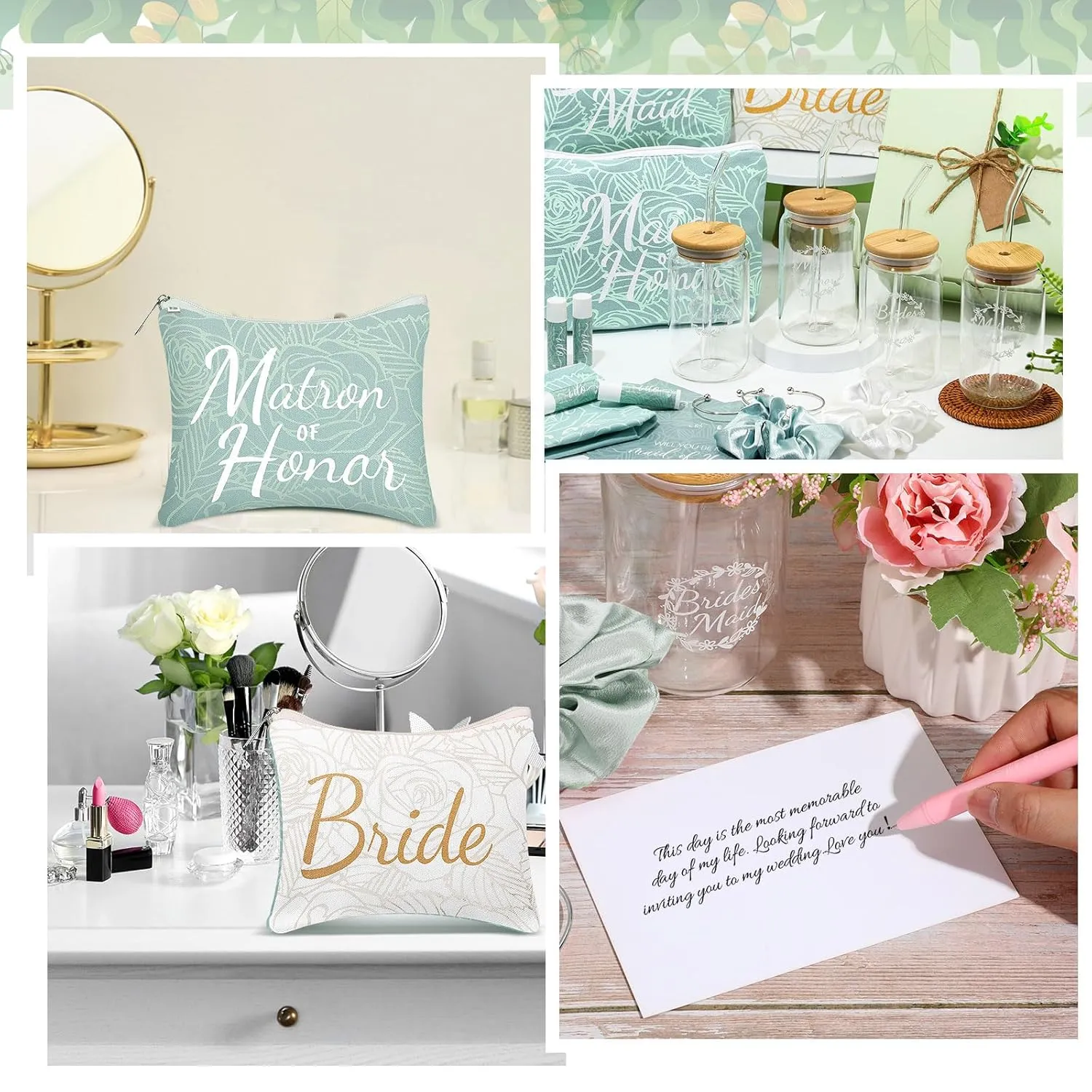 72 Pcs Bridesmaid Proposal Gifts Maid of Honor Gifts, Bridesmaid Gift Box Sets Include Decorative Box Glass Cup Makeup Bag Invited Card Lip Balm Hair Scrunchie Knotted Bracelet(Green, White)