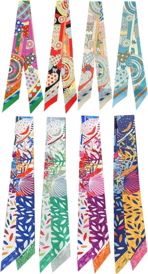 8 Pack Purse Scarf for Bags Silk Head Scarf for Hair Handbag Floral Print Hair Band Waistband Bag Handle Accessory