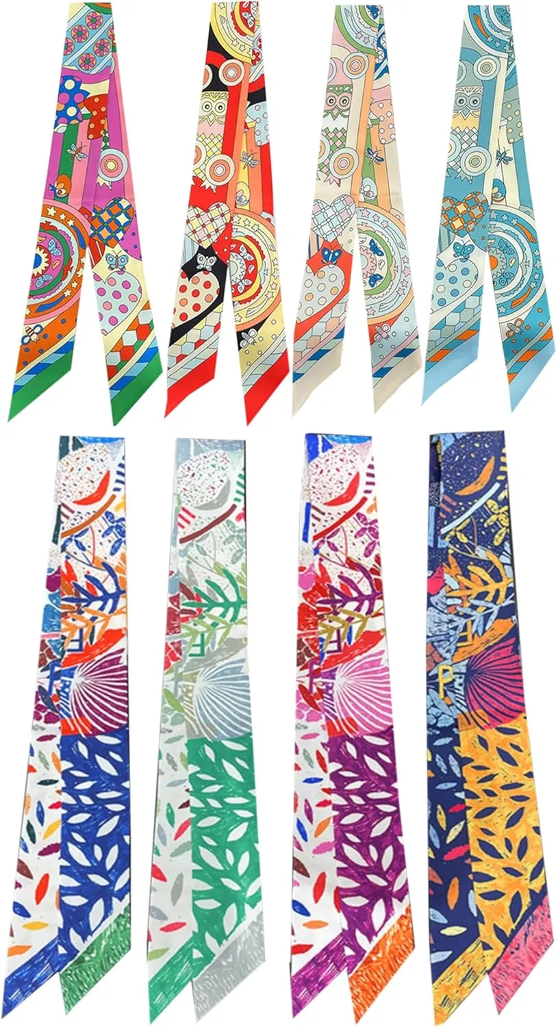 8 Pack Purse Scarf for Bags Silk Head Scarf for Hair Handbag Floral Print Hair Band Waistband Bag Handle Accessory