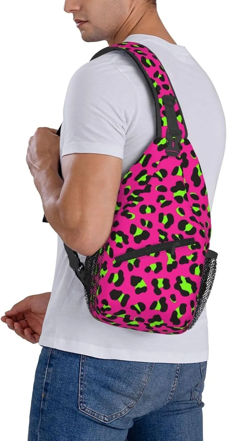 80s Neon Pink Fuchsia Lime Green Leopard Sling Bag Crossbody Bag Casual Chest Bags Travel Shoulder Backpack