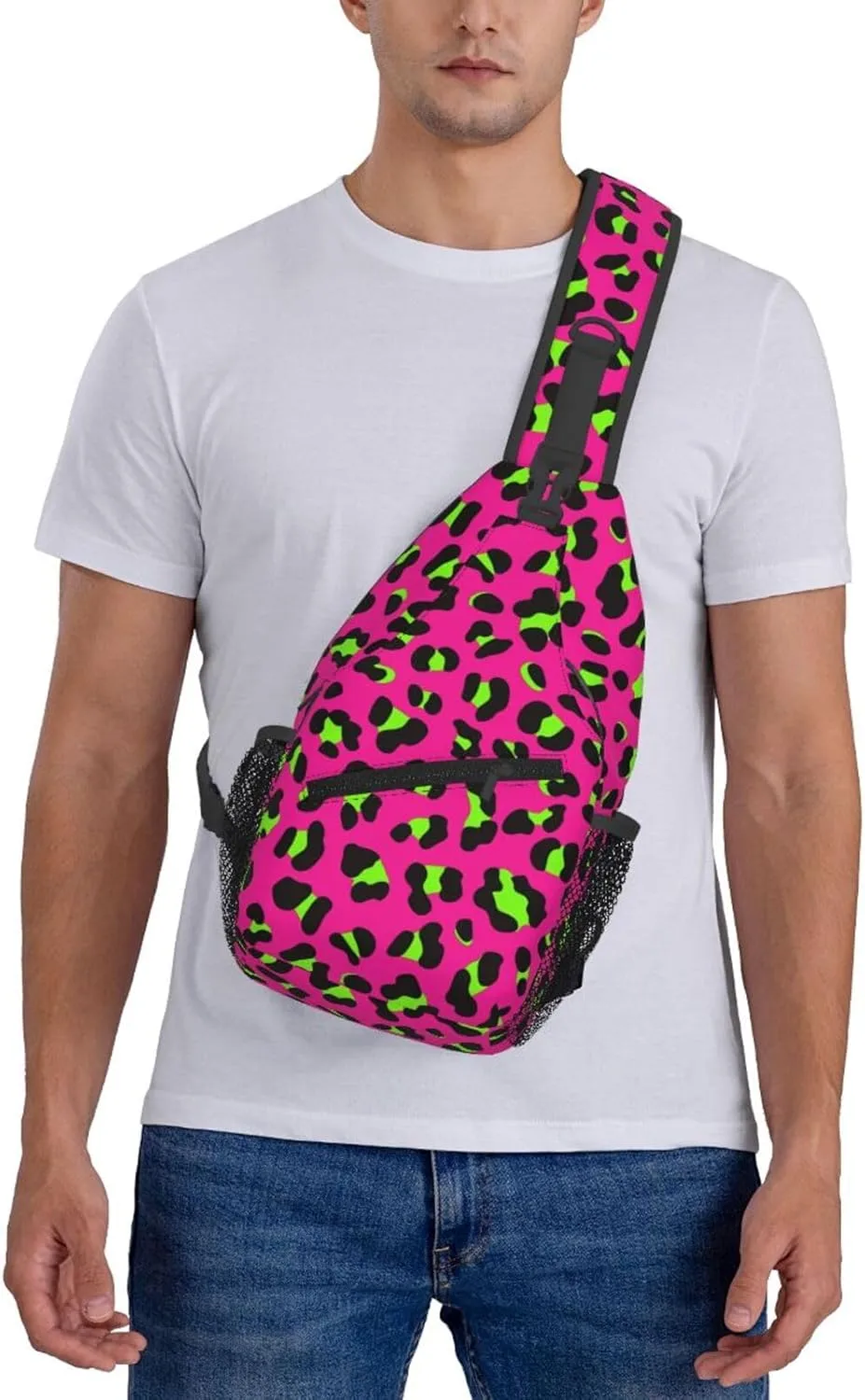 80s Neon Pink Fuchsia Lime Green Leopard Sling Bag Crossbody Bag Casual Chest Bags Travel Shoulder Backpack