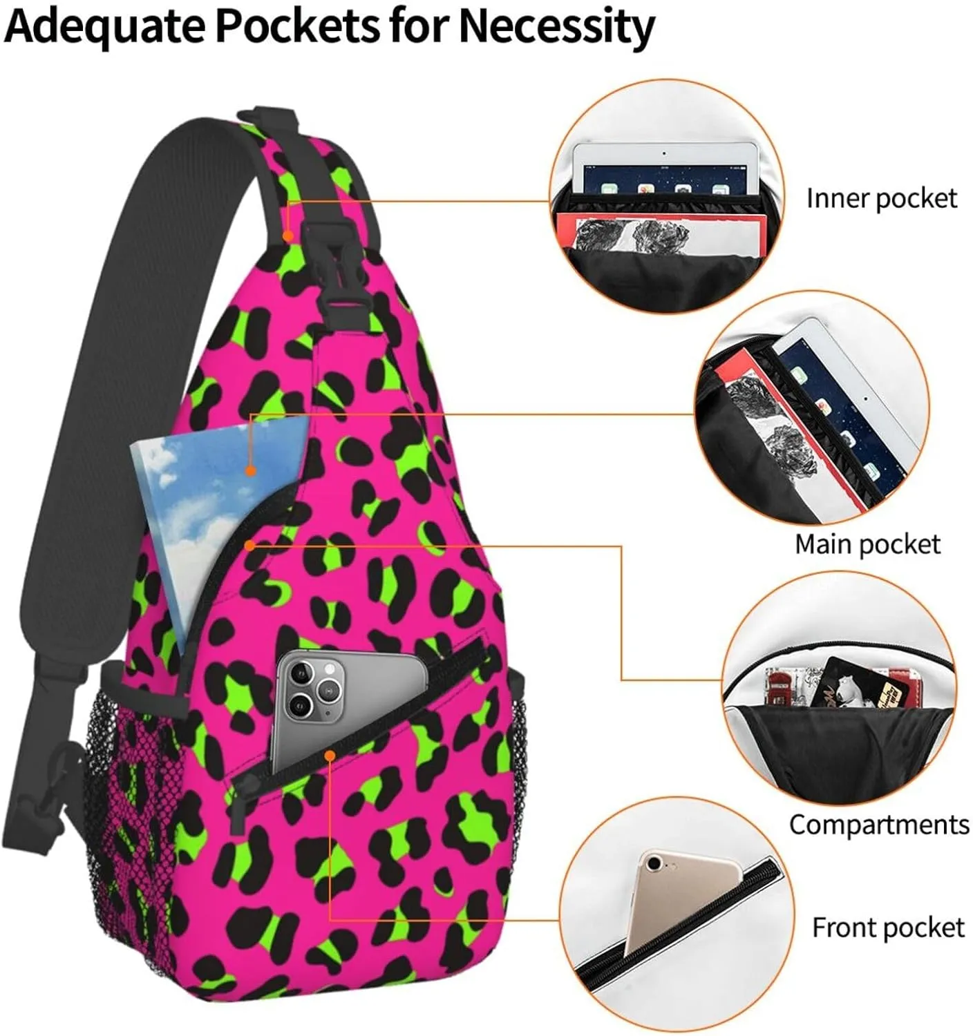 80s Neon Pink Fuchsia Lime Green Leopard Sling Bag Crossbody Bag Casual Chest Bags Travel Shoulder Backpack