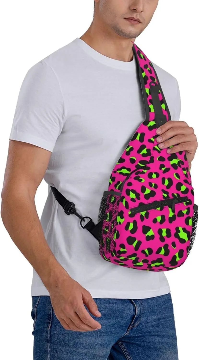 80s Neon Pink Fuchsia Lime Green Leopard Sling Bag Crossbody Bag Casual Chest Bags Travel Shoulder Backpack
