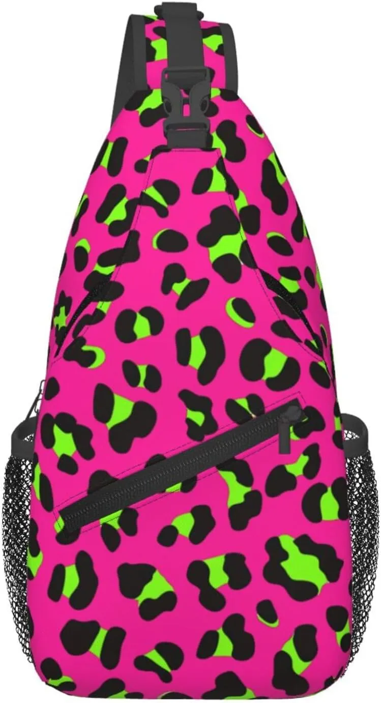 80s Neon Pink Fuchsia Lime Green Leopard Sling Bag Crossbody Bag Casual Chest Bags Travel Shoulder Backpack