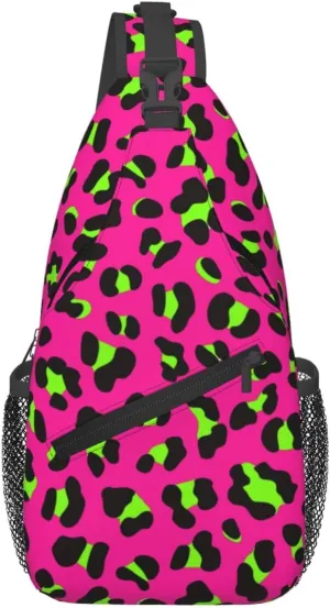 80s Neon Pink Fuchsia Lime Green Leopard Sling Bag Crossbody Bag Casual Chest Bags Travel Shoulder Backpack